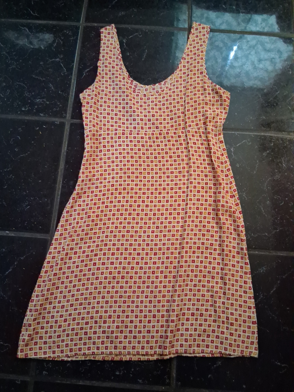Vtg Old Navy Clothing Co. Red and Mustard Geometric Square Print Mini Dress 4